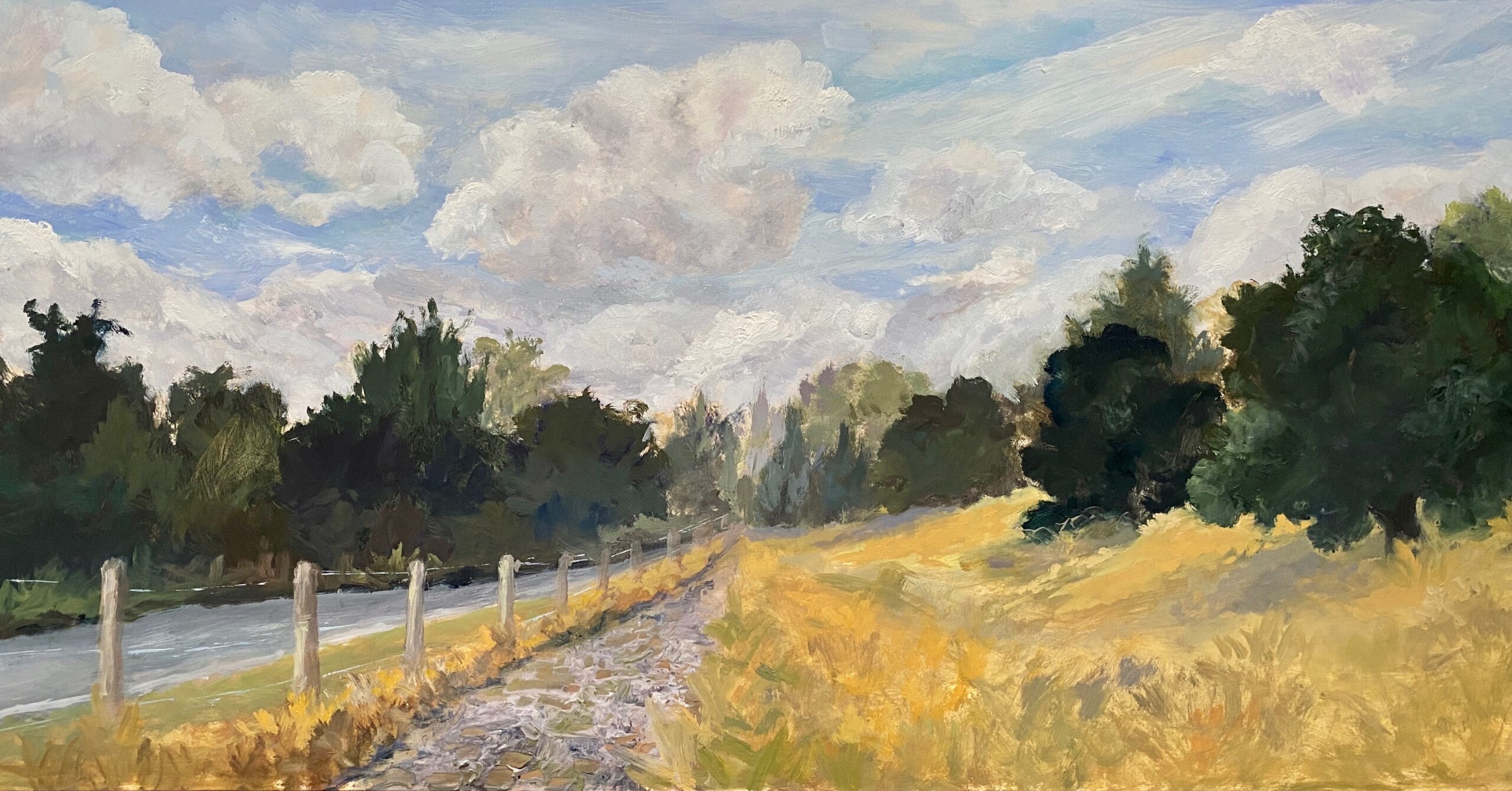 This is a painting of a scene I view practically daily while walking my dog Maddie at the Horse Park. Wonderful clouds decorate the landscape.