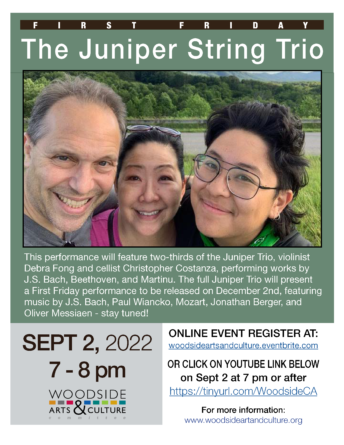 This performance will feature two-thirds of the Juniper Trio, violinist Debra Fong and cellist Christopher Costanza, performing works by J.S. Bach, Beethoven, and Martinu.
