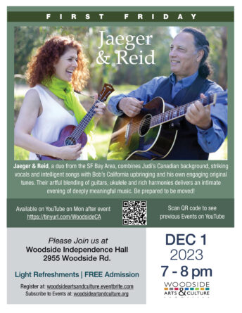 Jaeger & Reid, a duo from the SF Bay Area, combines Judi’s Canadian background, striking vocals and intelligent songs with Bob’s California upbringing and his own engaging original tunes.