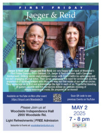 Jaeger & Reid (Judi Jaeger and Bob Reid) are very happy to be back at Woodside’s First Friday Concert. From Oakland, CA, Jaeger & Reid combine Judi’s Canadian background, striking vocals and intelligent songs with Bob’s California upbringing and his own engaging original tunes.