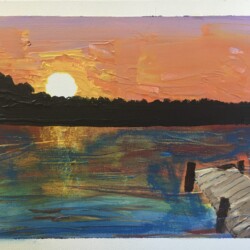 This is a painting of a dock at sunset.