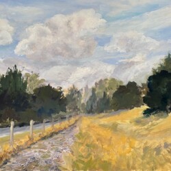 This is a painting of a scene I view practically daily while walking my dog Maddie at the Horse Park. Wonderful clouds decorate the landscape.